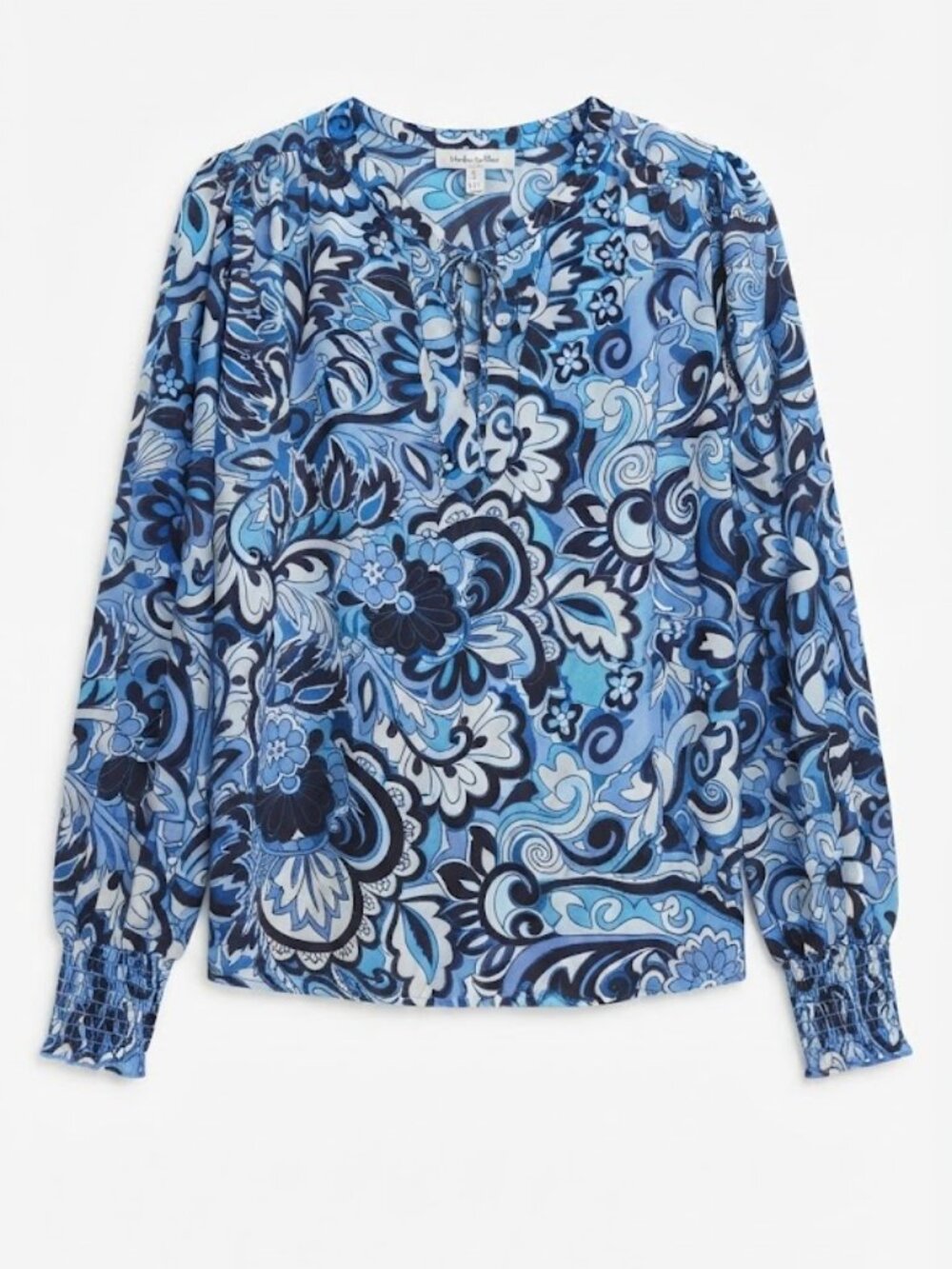 ✨️ Blue Paisley Tie-Neck Blouse with Smocked Cuffs